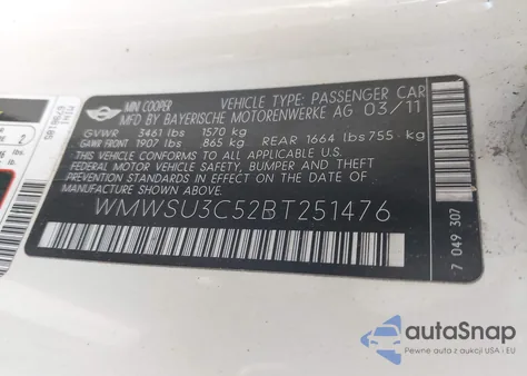2011 Mini Cooper from USA, damaged, VIN WMWSU3C52BT251476